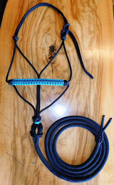 Pre made-Braided noseband halter and lead set, black/teal/turquoise Large cob