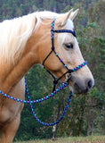 PRE ORDER! Sliding chin riding halter/reins set with V brow, Black "Northern Lights" padding/reins, cheek accents