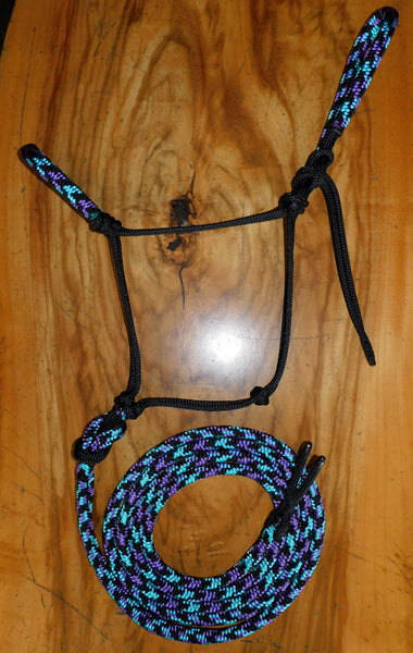 Pre Made- Padded halter and lead set in Black/"Northern Lights" Large cob