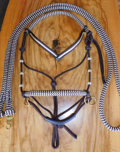 Pre made-Sliding chin riding halter and reins set with cheek accents, dark brown/beige