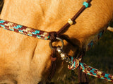 Tasselled Simple chinstrap riding halter/reins set in Dark brown and "Arizona Sky"