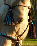 Tasselled Simple chinstrap riding halter/reins set in Dark brown and "Arizona Sky"