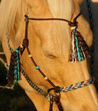 Tasselled Simple chinstrap riding halter/reins set in Dark brown and "Arizona Sky"