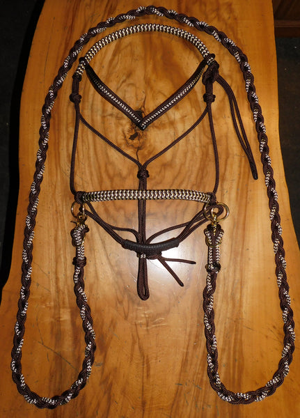 Pre made-Sliding chin riding halter and reins set in dark brown/zz, Cob sized
