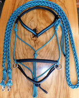 Pre made- Sliding chin riding halter/reins set, Turquoise/black zig zag