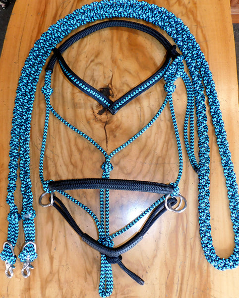 Pre made- Sliding chin riding halter/reins set, Turquoise/black zig zag