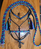 Sliding chin riding halter/reins set with V brow/turks heads and removable tassels,black "Northern Lights"