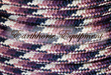 Sliding chin riding halter and reins set in black with "Prairie Dusk" padding/inset/reins and turks head cheek accents