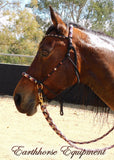 Sliding chin riding halter and reins set in black with "Prairie Dusk" padding/inset/reins and turks head cheek accents