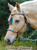 Tasselled Simple chinstrap riding halter/reins set in Dark brown and "Arizona Sky"