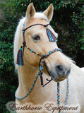 Tasselled Simple chinstrap riding halter/reins set in Dark brown and "Arizona Sky"
