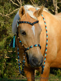 Sliding chin riding halter/reins set with V brow/turks heads and removable tassels,black "Apache Dream"