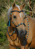 Sliding chin riding halter/reins set with V brow/turks heads and removable tassels,black "Apache Dream"