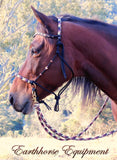 Sliding chin riding halter and reins set in black with "Prairie Dusk" padding/inset/reins and turks head cheek accents