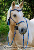Sliding chin riding halter/reins set with V brow/turks heads and removable tassels,black "Northern Lights"