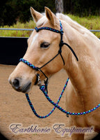 Pre made- Sliding chin riding halter/reins set, black "Northern Lights" Large pony size