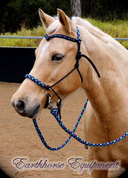 Pre made- Sliding chin riding halter/reins set, black "Northern Lights" Large pony size
