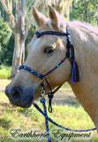 Sliding chin riding halter/reins set with V brow/turks heads and removable tassels,black "Northern Lights"