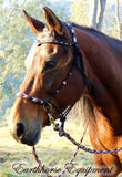 Sliding chin riding halter and reins set in black with "Prairie Dusk" padding/inset/reins and turks head cheek accents