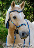 Sliding chin riding halter/reins set with V brow/turks heads and removable tassels,black "Northern Lights"
