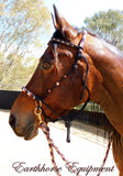 Sliding chin riding halter and reins set in black with "Prairie Dusk" padding/inset/reins and turks head cheek accents