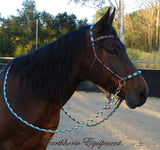 Sliding chin riding halter/reins set with V brow/turks head accents in Light brown with "Apache Dream" padding/reins