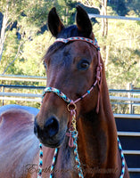 Sliding chin riding halter/reins set with V brow/turks head accents in Light brown with "Apache Dream" padding/reins