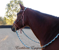 Sliding chin riding halter/reins set with V brow/turks head accents in Light brown with "Apache Dream" padding/reins