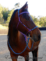 Sliding chin riding halter/reins set with V brow/turks head accents in Purple with "Northern Lights" padding/reins