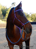 Sliding chin riding halter/reins set with V brow/turks head accents in Purple with "Northern Lights" padding/reins