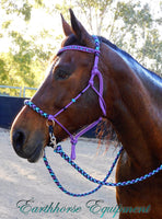 Sliding chin riding halter/reins set with V brow/turks head accents in Purple with "Northern Lights" padding/reins