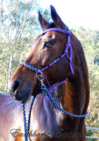 Sliding chin riding halter/reins set with V brow/turks head accents in Purple with "Northern Lights" padding/reins