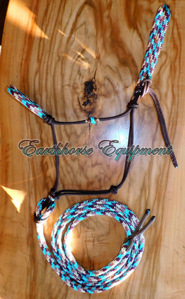 Padded halter and 12ft lead set "Arizona Sky" dark brown, turks head accents.