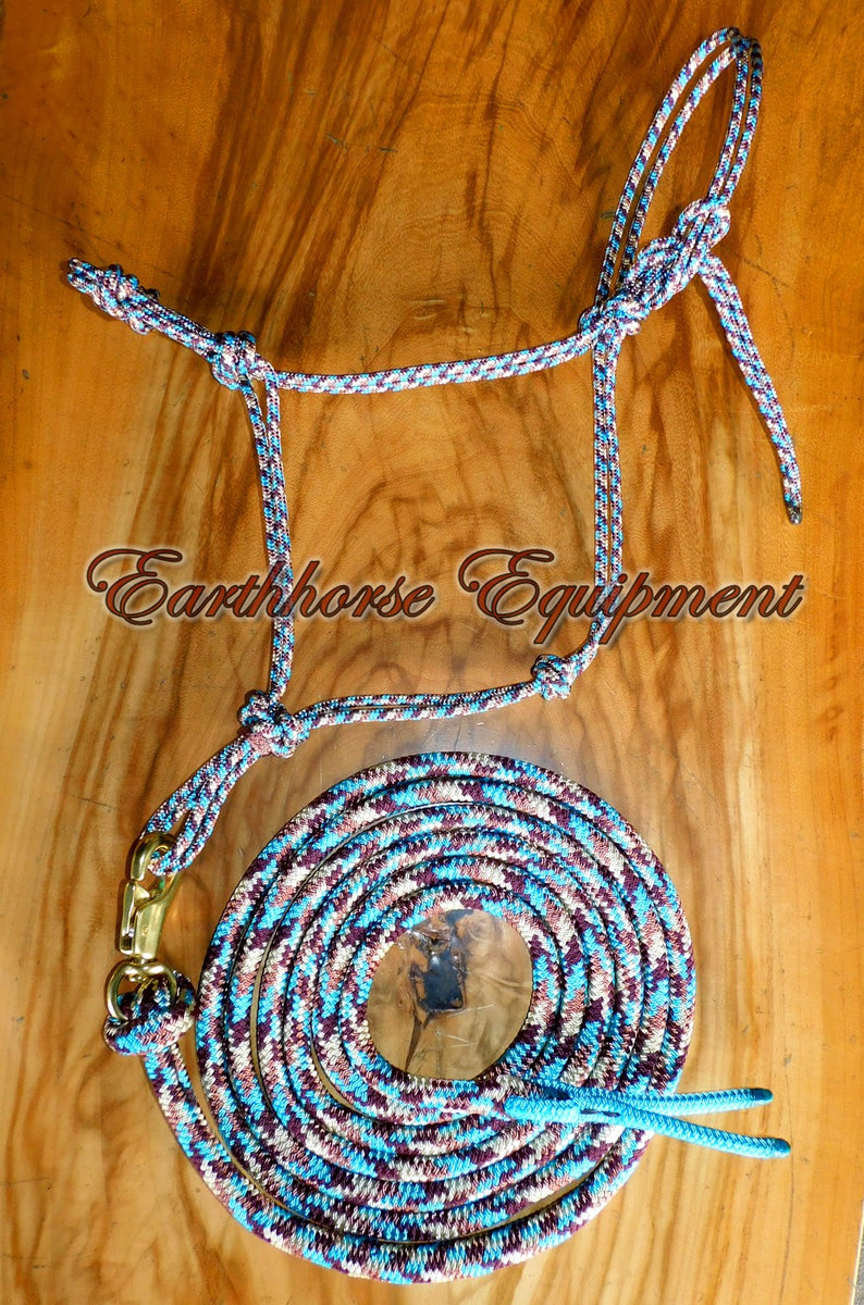 Stiff rope halter, four knot noseband with 12ft loop lead, BRASS bullc ...